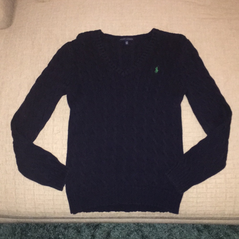 WOMEN’S NAVY BLUE POLO CABLE SWEATER